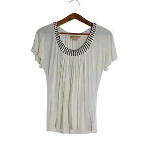 Michael Kors White Studded Blouse Ruffled Short Sleeve Boho Chic Bohemian Size S